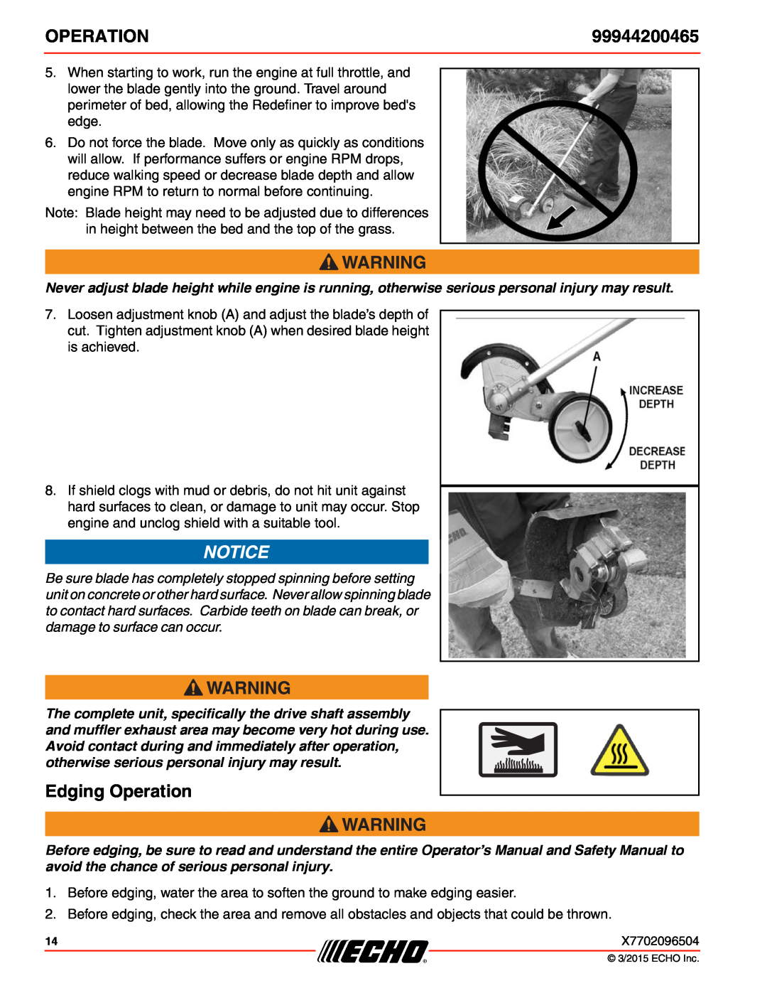 Echo 99944200465 specifications Edging Operation 