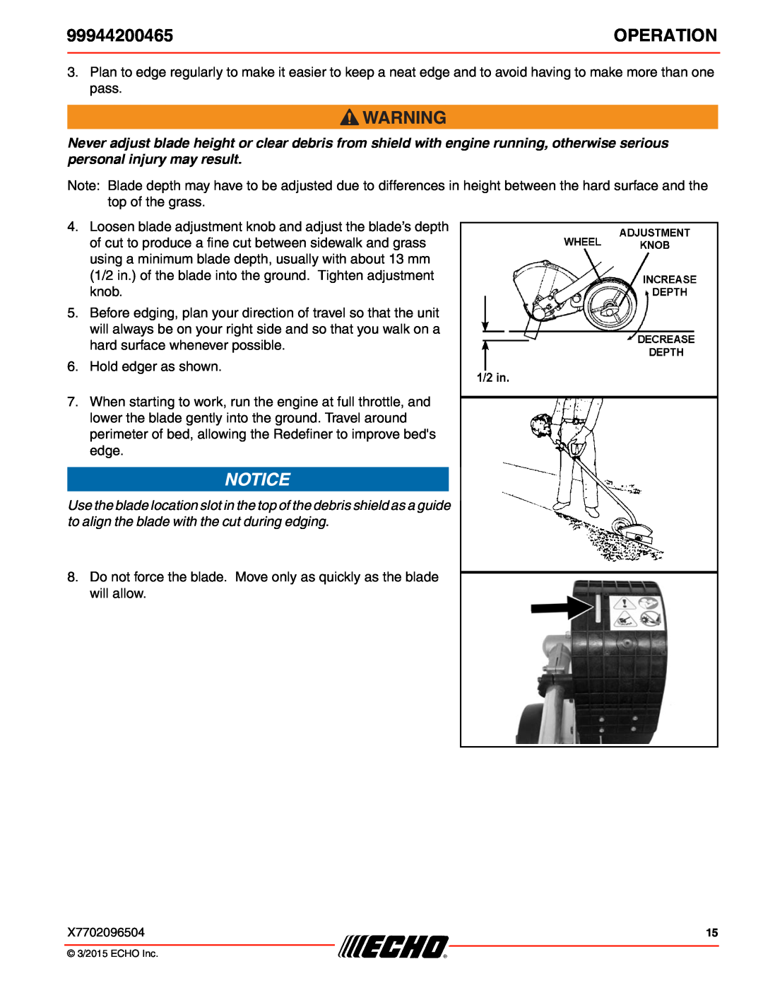 Echo 99944200465 specifications Operation, Hold edger as shown 