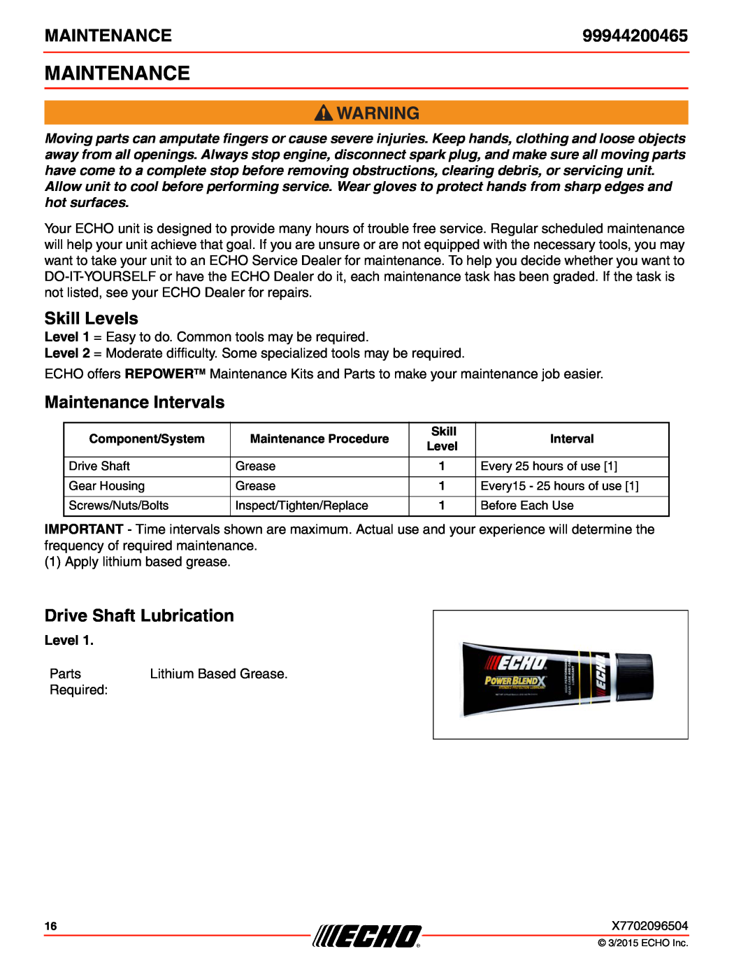 Echo 99944200465 specifications Skill Levels, Maintenance Intervals, Drive Shaft Lubrication 