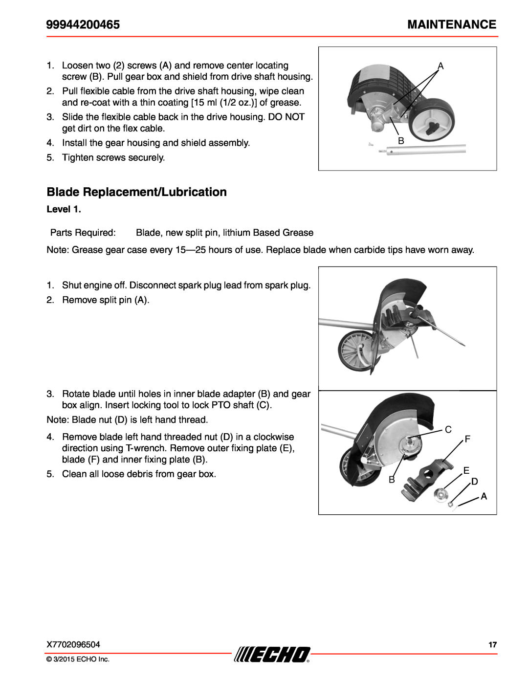 Echo 99944200465 specifications Blade Replacement/Lubrication, Maintenance 