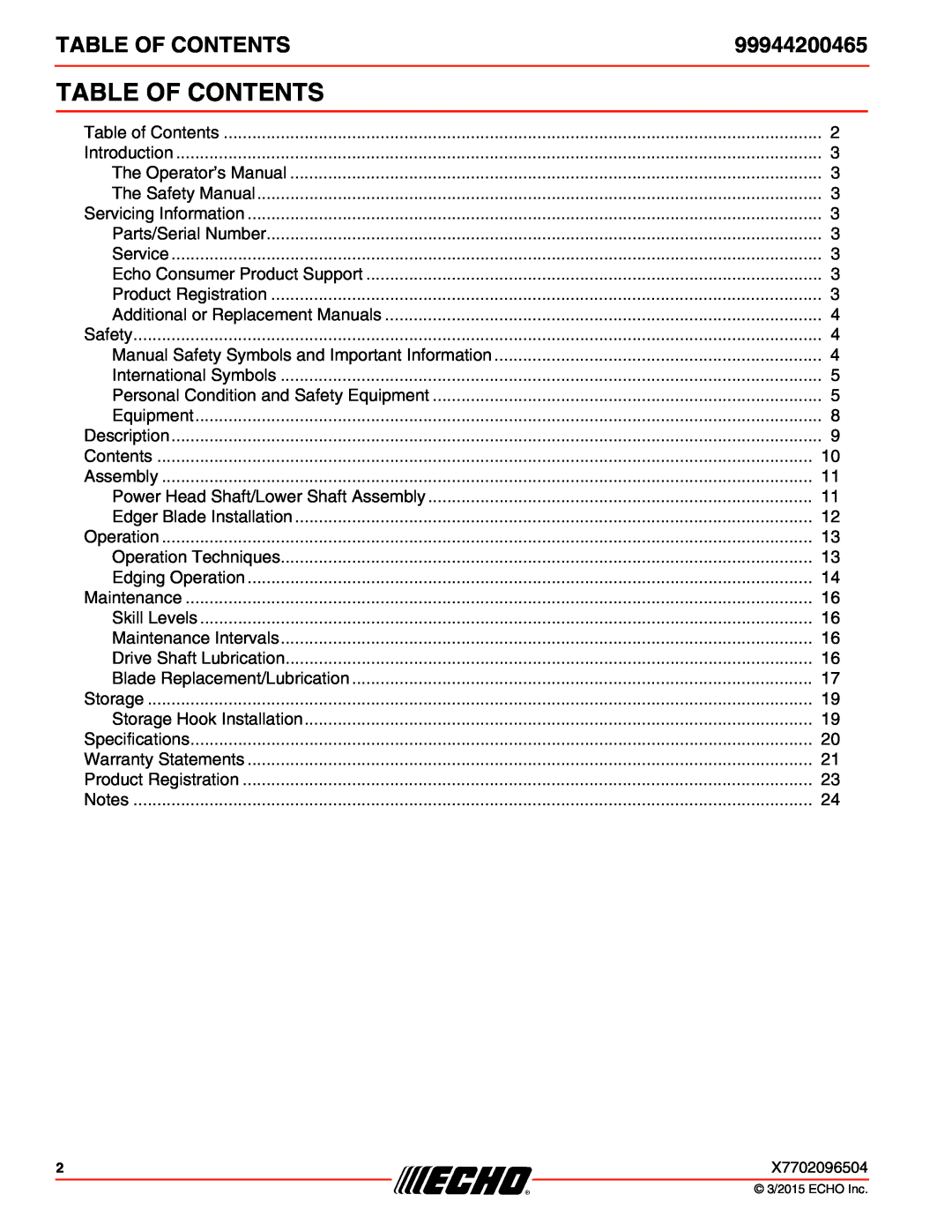 Echo 99944200465 specifications Table Of Contents 