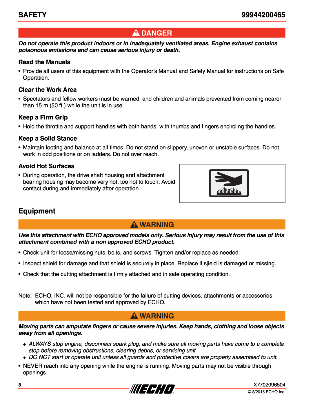 Echo 99944200465 Equipment, Read the Manuals, Clear the Work Area, Keep a Firm Grip, Keep a Solid Stance, Safety 