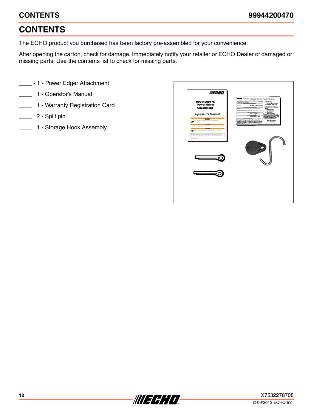 Echo 99944200470 specifications Contents 