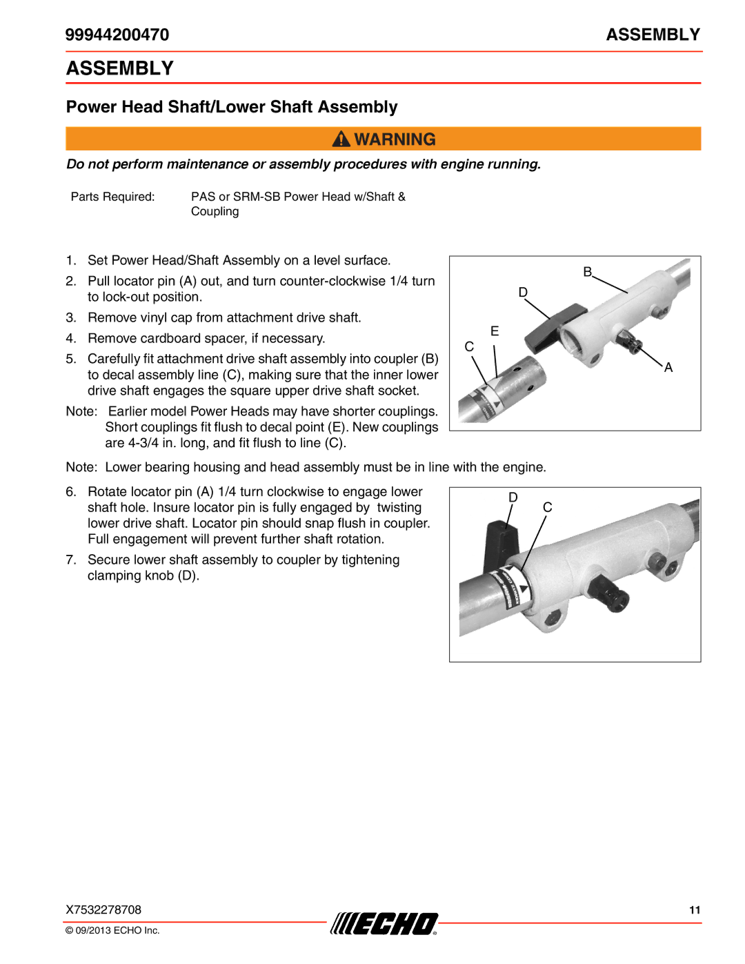 Echo 99944200470 specifications Power Head Shaft/Lower Shaft Assembly 