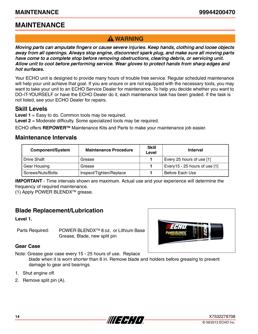 Echo 99944200470 specifications Skill Levels, Maintenance Intervals, Blade Replacement/Lubrication, Gear Case 