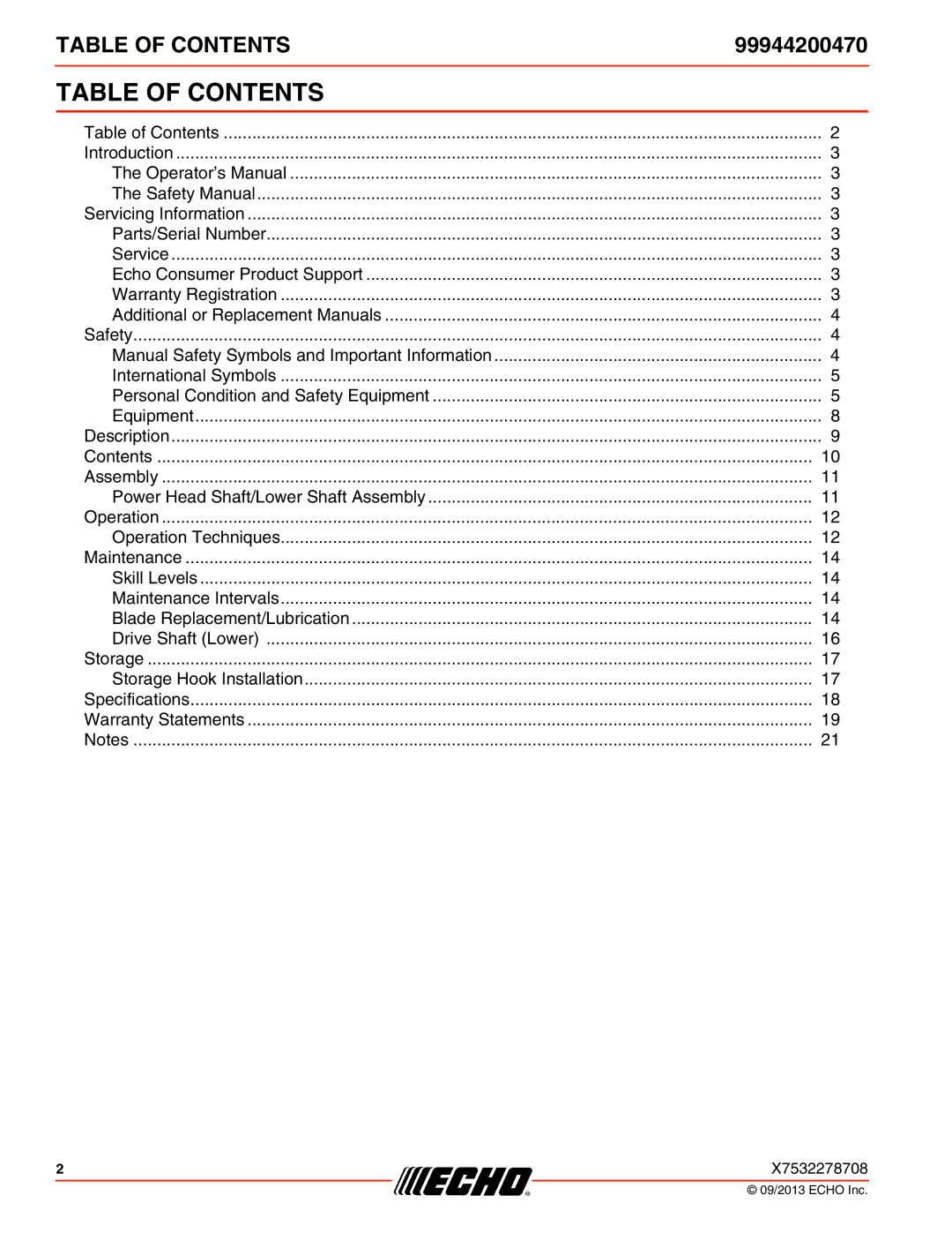 Echo 99944200470 specifications Table of Contents 