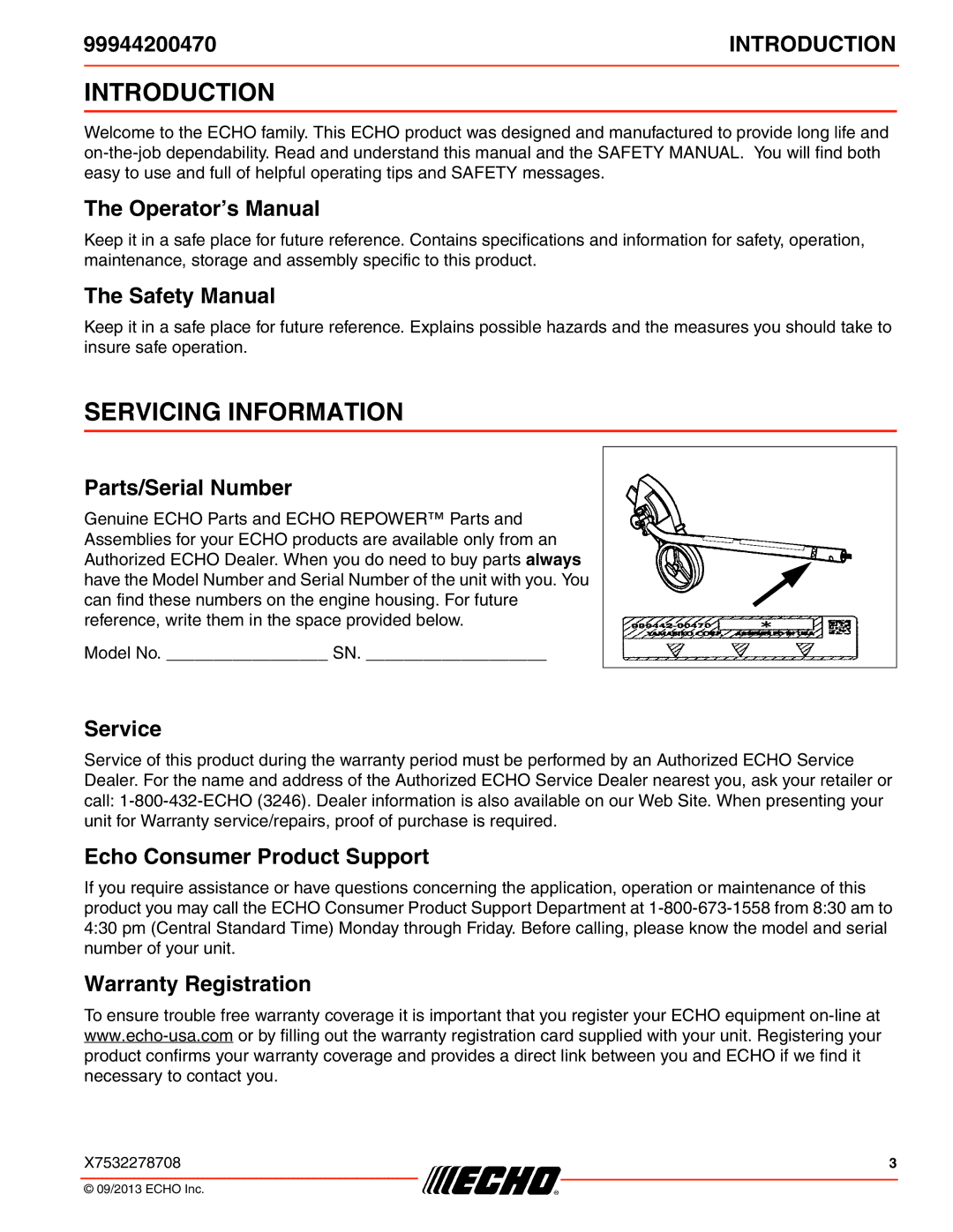 Echo 99944200470 specifications Introduction, Servicing Information 