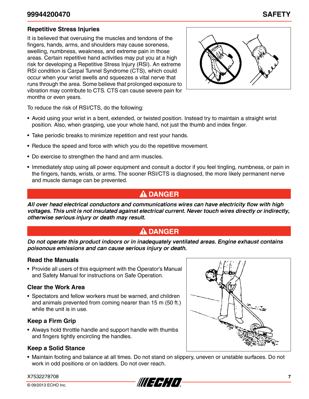 Echo 99944200470 Repetitive Stress Injuries, Read the Manuals, Clear the Work Area, Keep a Firm Grip, Keep a Solid Stance 