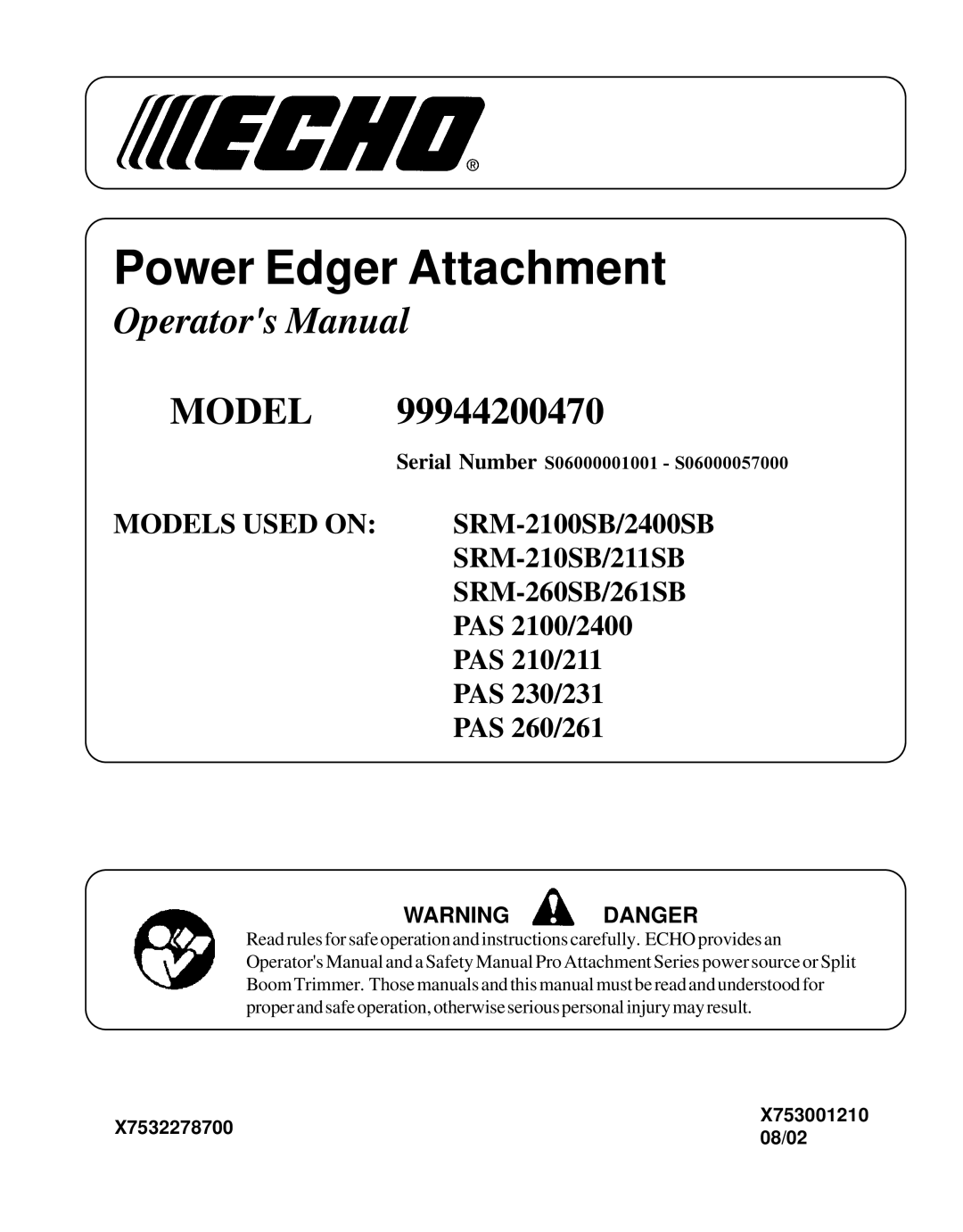 Echo 99944200470 manual Power Edger Attachment 