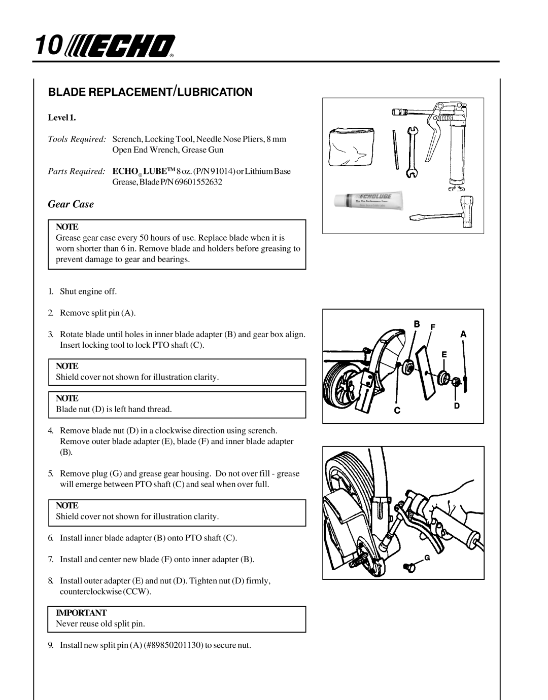 Echo 99944200470 manual Blade REPLACEMENT/LUBRICATION, Level 