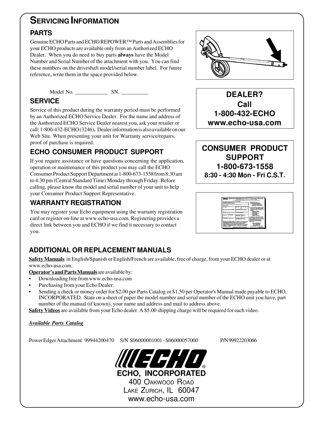 Echo 99944200470 manual Servicing Information Parts, Service, Echo Consumer Product Support 