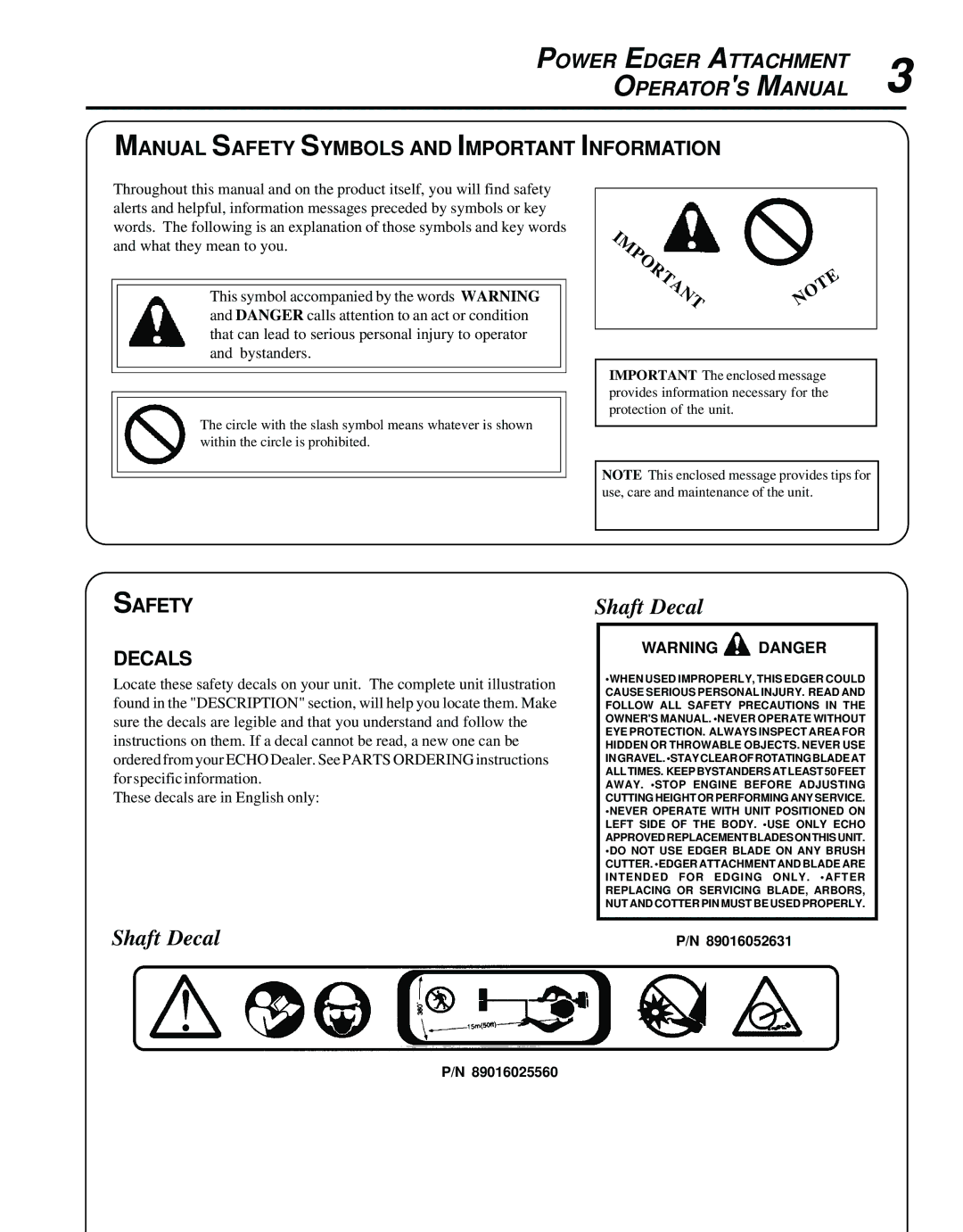 Echo 99944200470 manual Shaft Decal, Manual Safety Symbols and Important Information, Safety Decals 