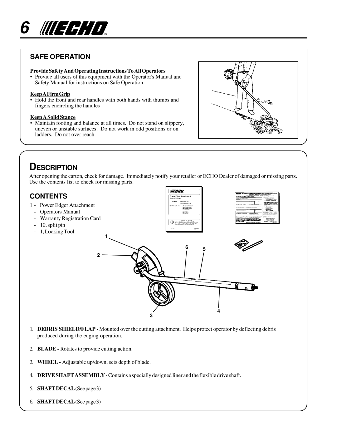 Echo 99944200470 manual Safe Operation, Description, Contents 