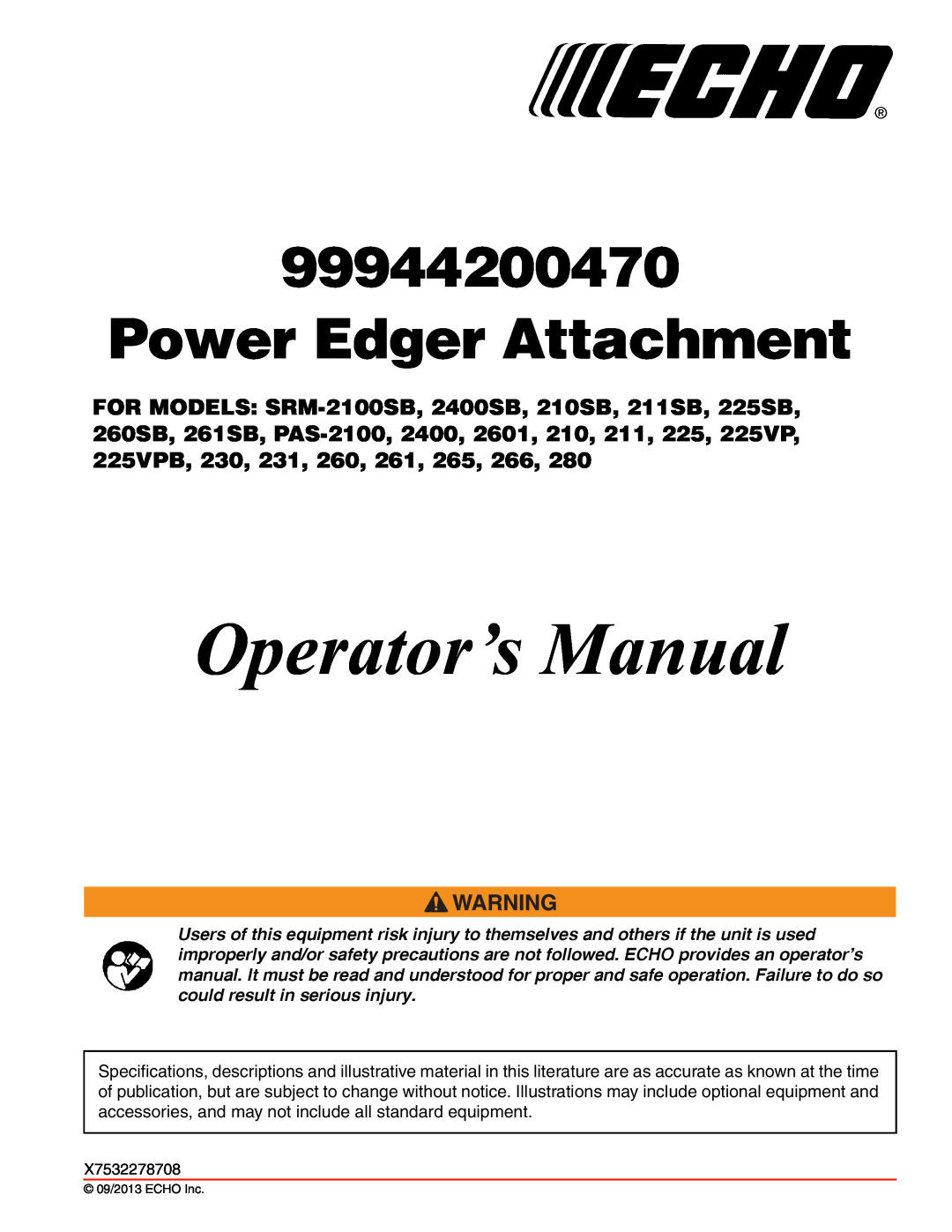 Echo 99944200470 manual Warning Danger, Power Edger Attachment, Operator S Manual, X7532278700, X753001210 08/02, Model 