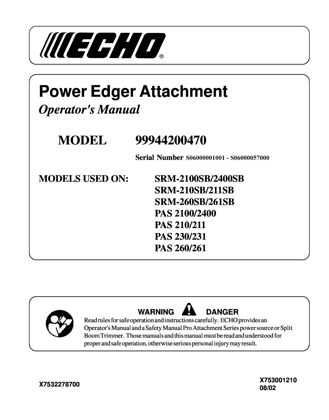 Echo 99944200470 specifications Operator’s Manual, Power Edger Attachment 