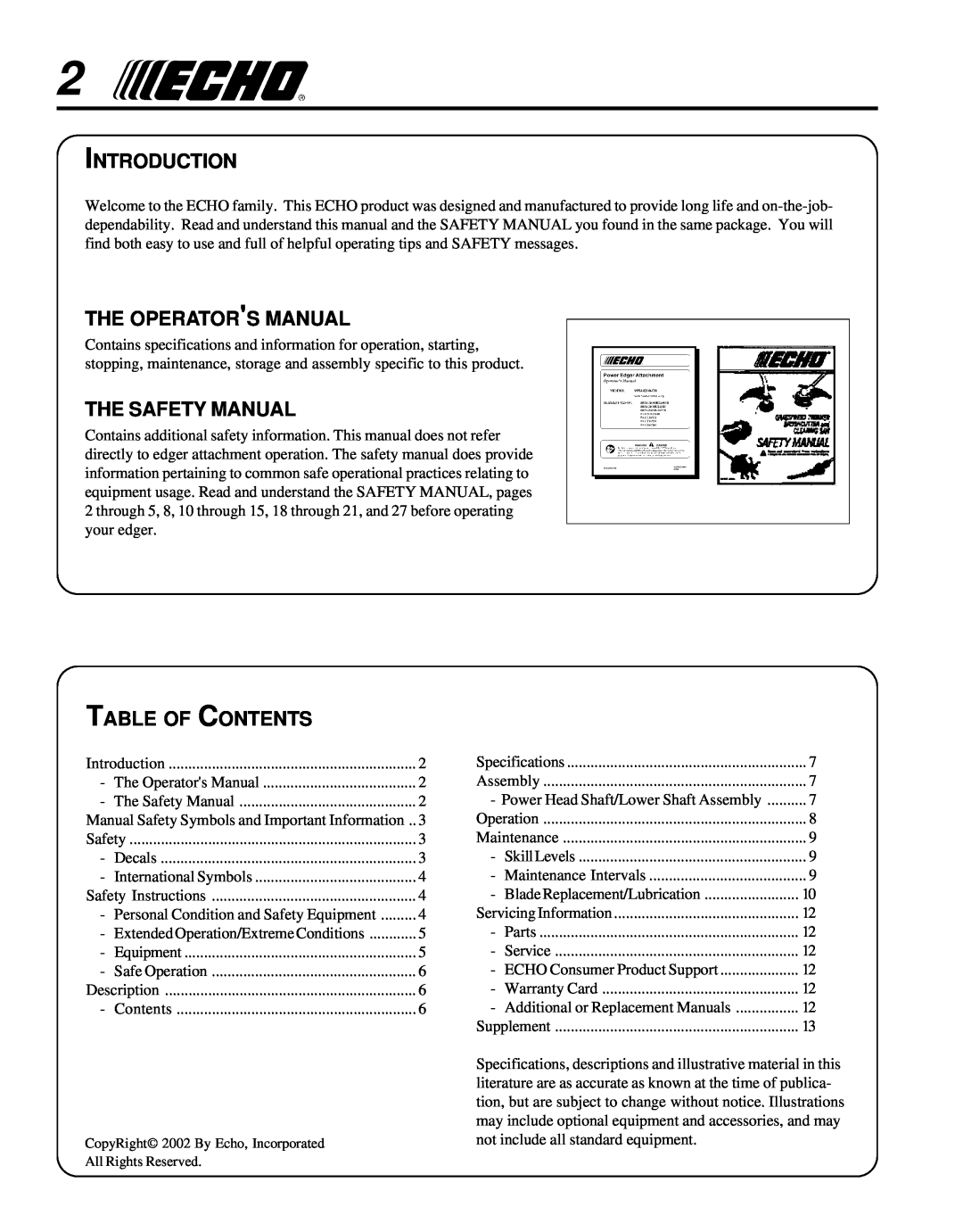 Echo 99944200470 manual Introduction, The Operators Manual, The Safety Manual, Table Of Contents 