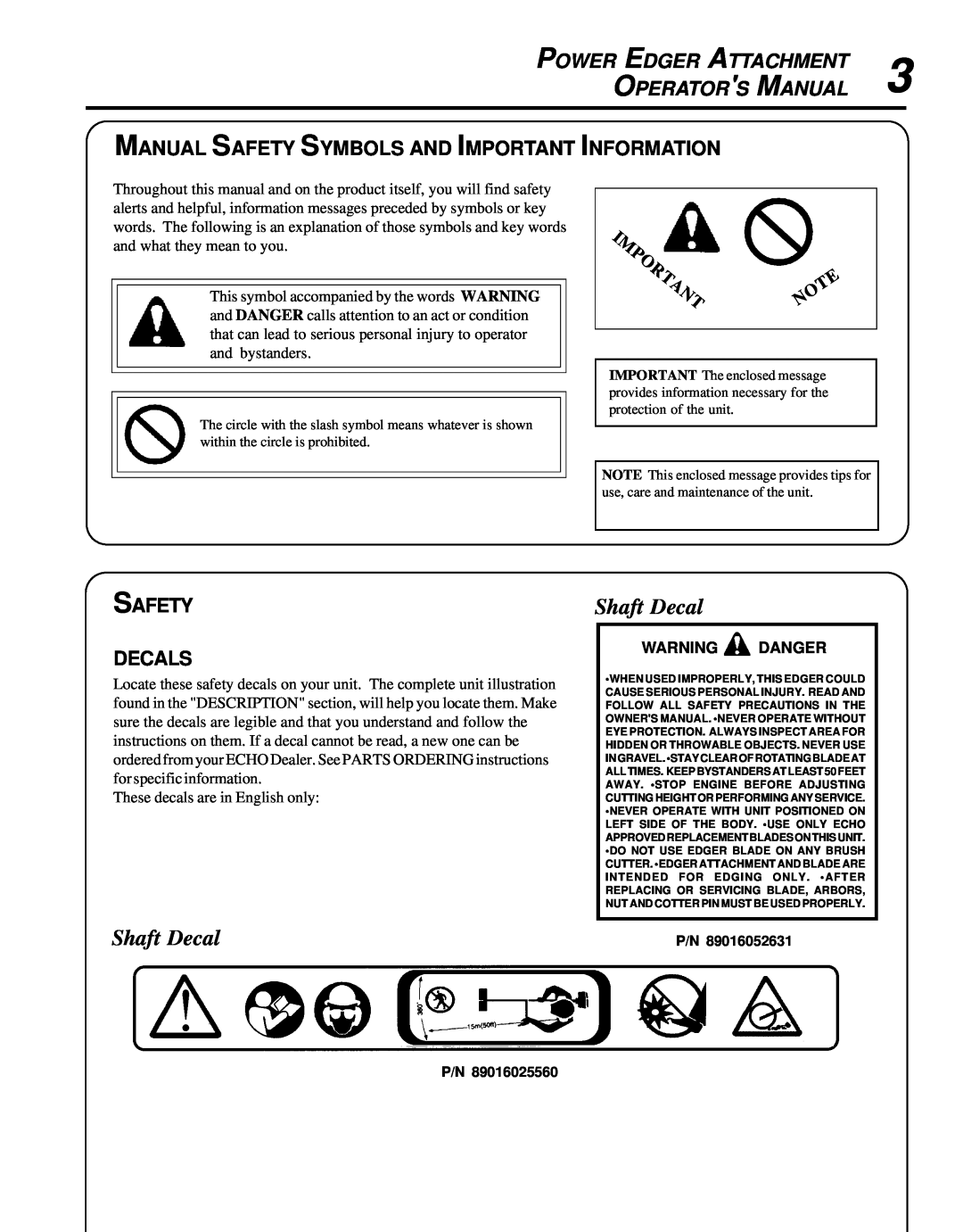 Echo 99944200470 manual Shaft Decal, Manual Safety Symbols And Important Information, Safety Decals, Power Edger Attachment 