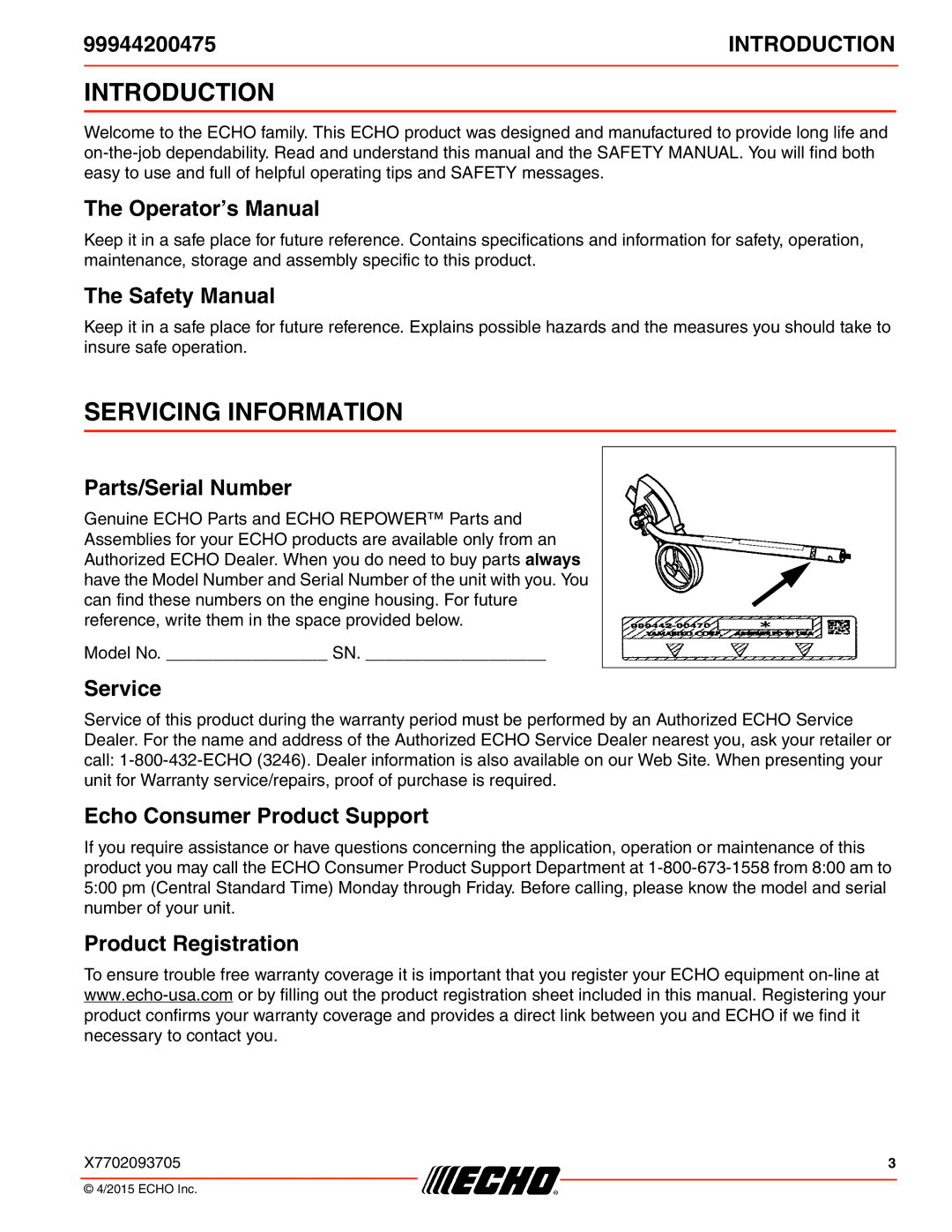 Echo 99944200475 specifications Introduction, Servicing Information 