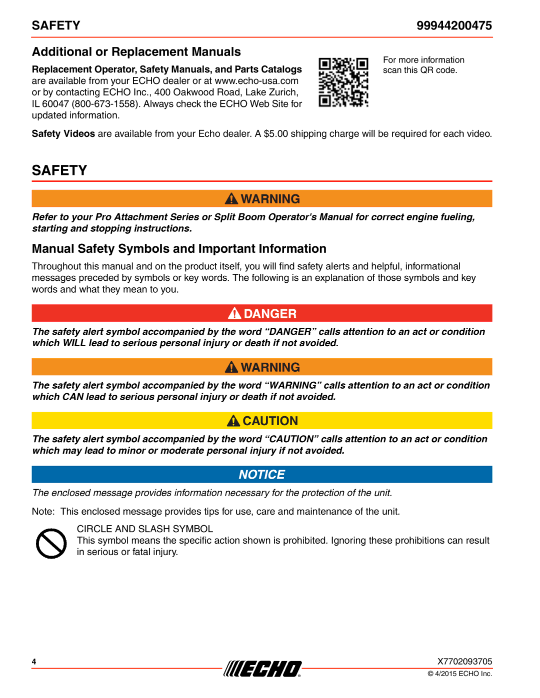 Echo 99944200475 specifications Additional or Replacement Manuals, Manual Safety Symbols and Important Information 