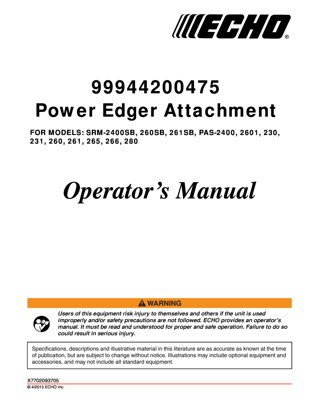 Echo 99944200475 specifications Operator’s Manual, Power Edger Attachment 