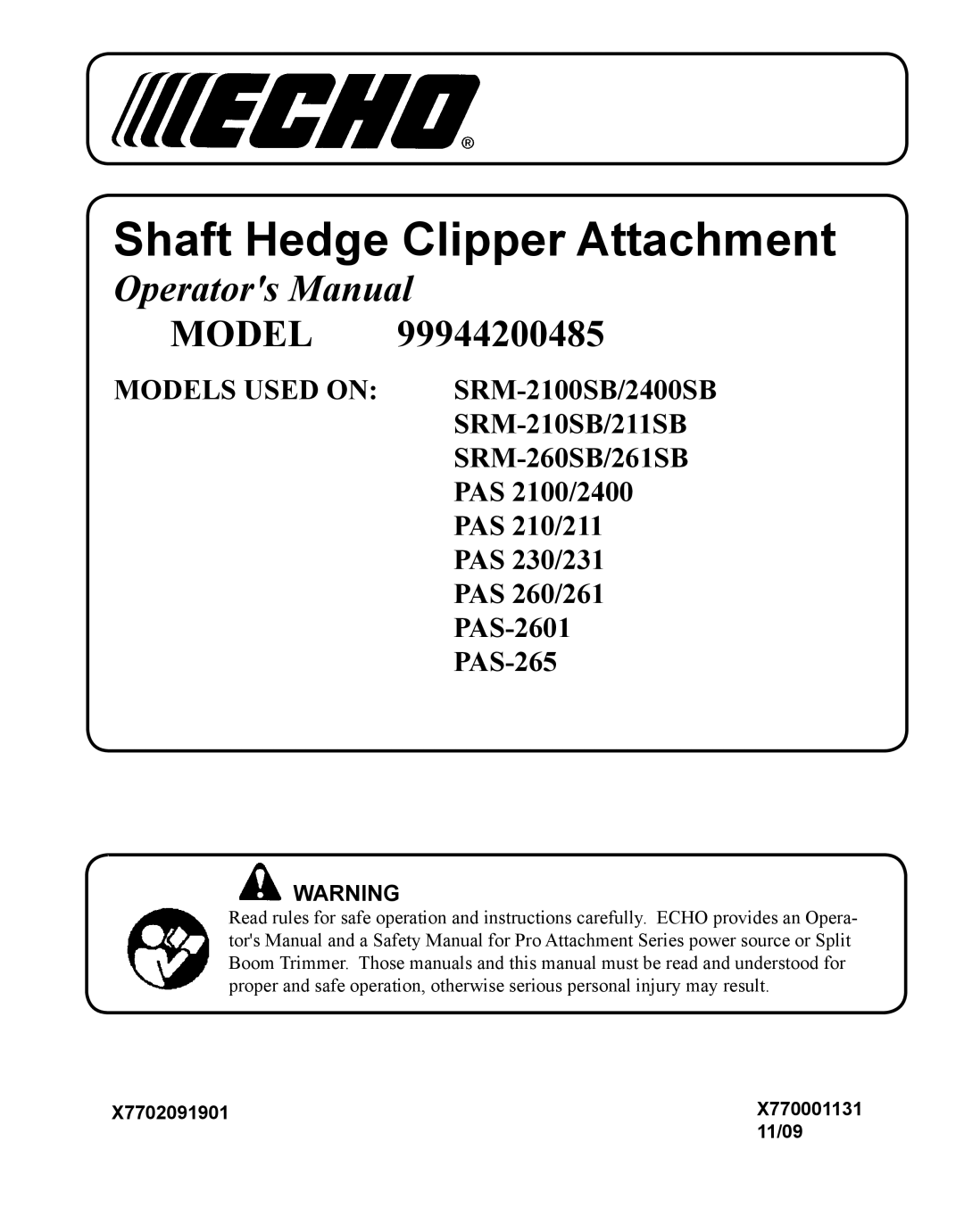 Echo 99944200485 manual Shaft Hedge Clipper Attachment 