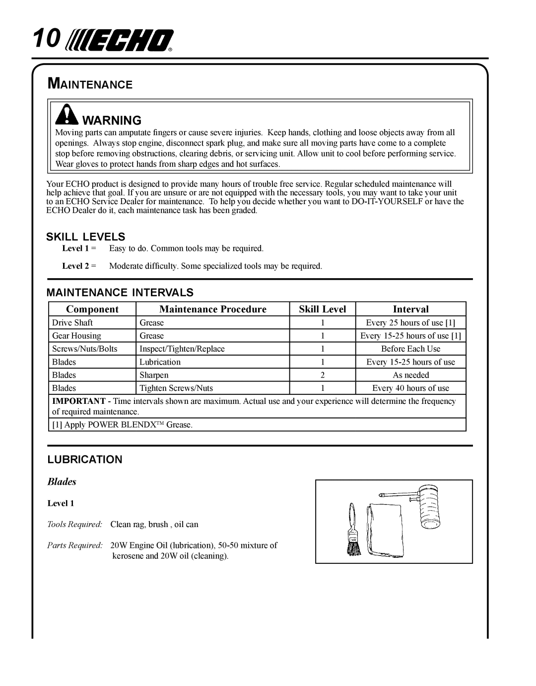 Echo 99944200485 manual Skill levels, Maintenance intervals, Lubrication, Blades 