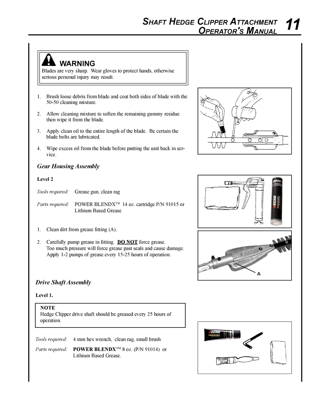 Echo 99944200485 manual Shaft Hedge Clipper Attachment 11 Operators Manual, Gear Housing Assembly, Drive Shaft Assembly 