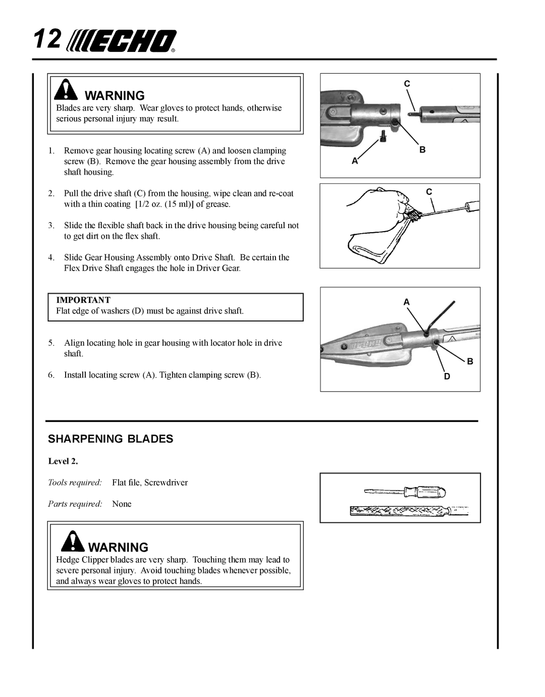 Echo 99944200485 manual Sharpening blades 