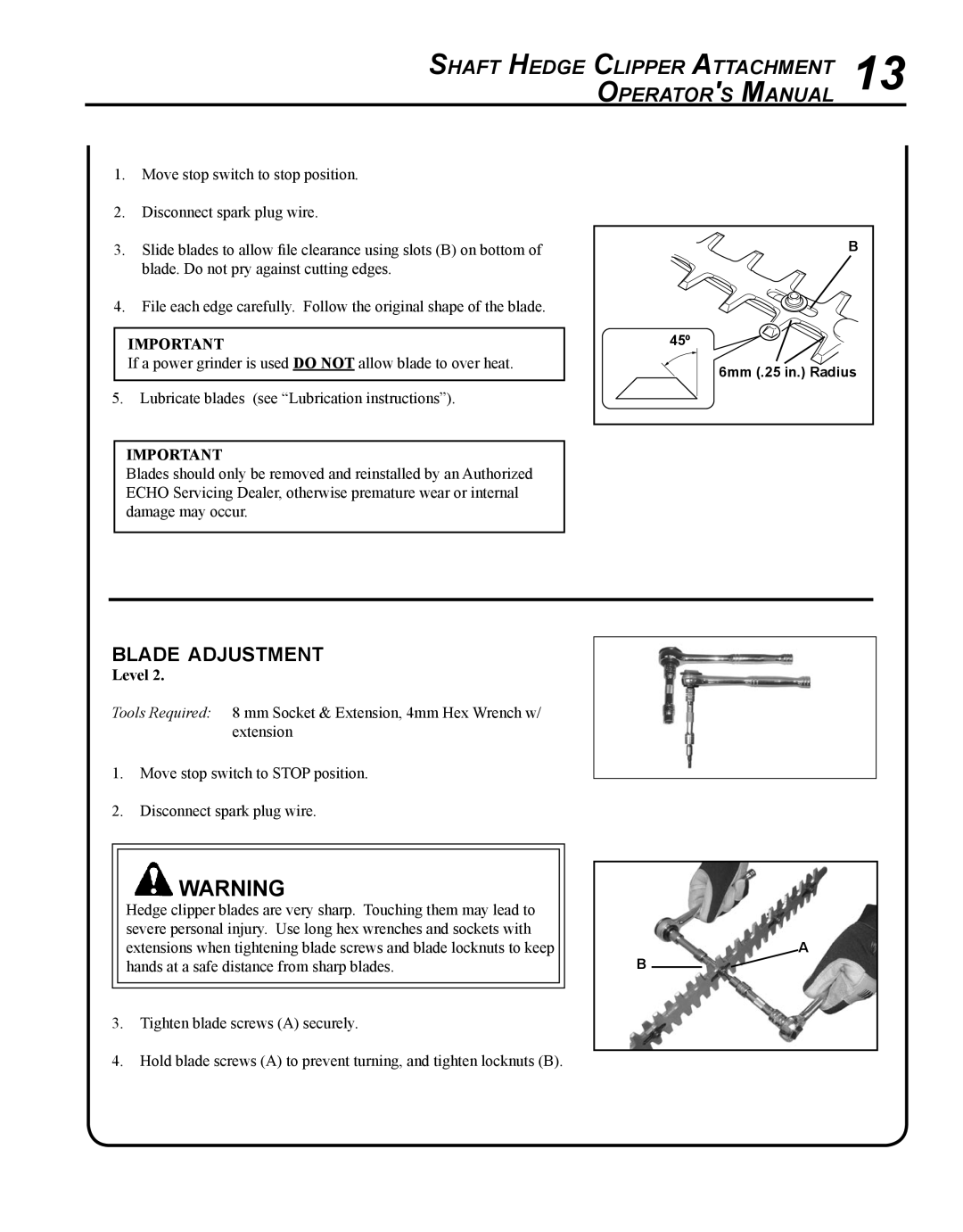 Echo 99944200485 manual Shaft Hedge Clipper Attachment 13 Operators Manual, Blade adjustment 