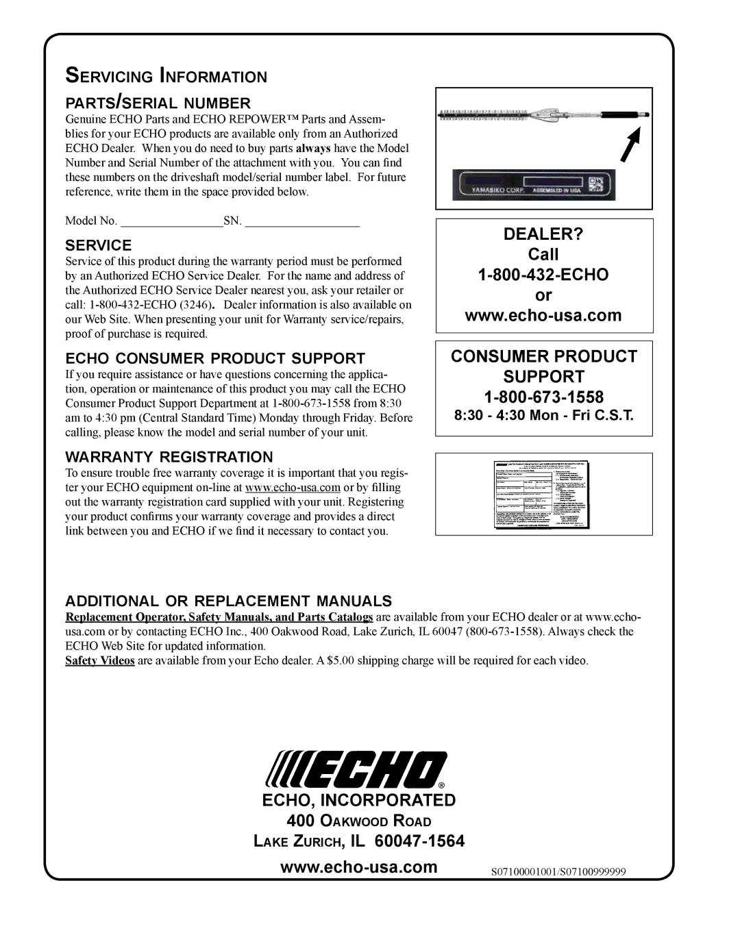 Echo 99944200485 manual Servicing Information parts/serial number, Service, Echo consumer product support 