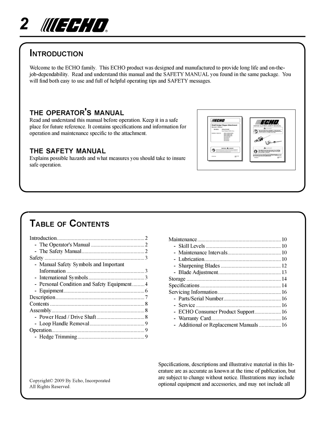 Echo 99944200485 Introduction, Operators manual, Safety manual, Table of Contents 