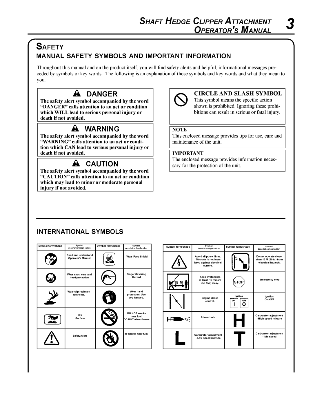 Echo 99944200485 Shaft Hedge Clipper Attachment Operator s Manual, Safety Manual safety symbols and important information 