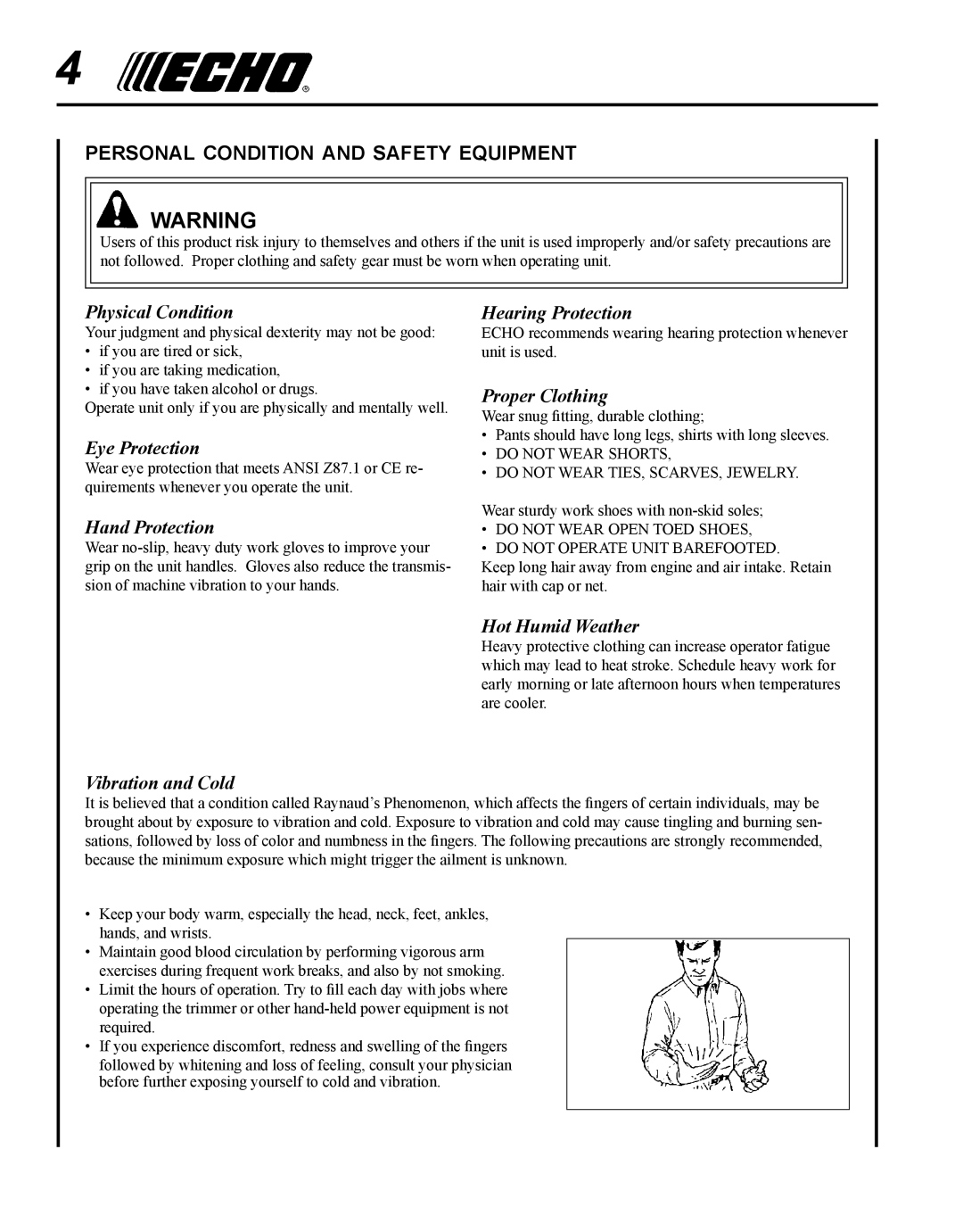 Echo 99944200485 manual Personal condition and safety equipment 