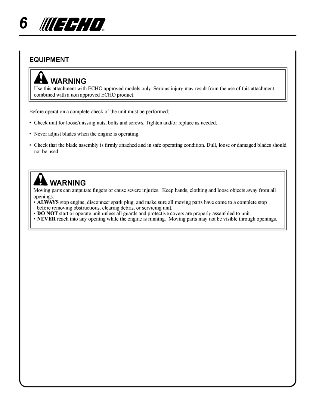 Echo 99944200485 manual Equipment 