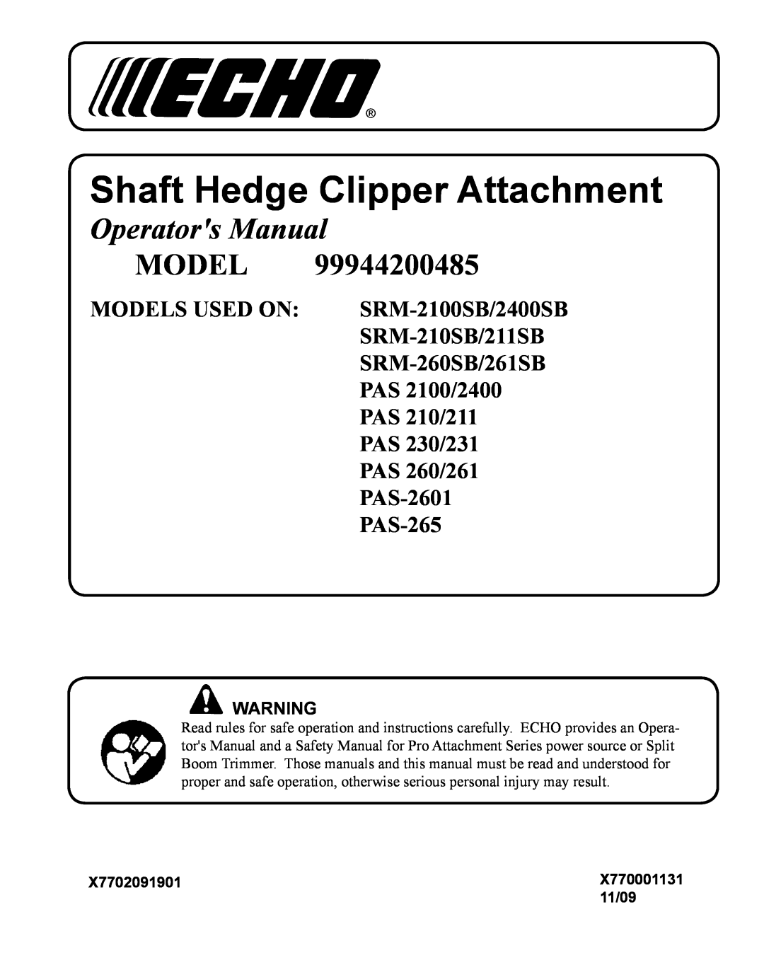 Echo 99944200485 manual Shaft Hedge Clipper Attachment, Operators Manual, Model 
