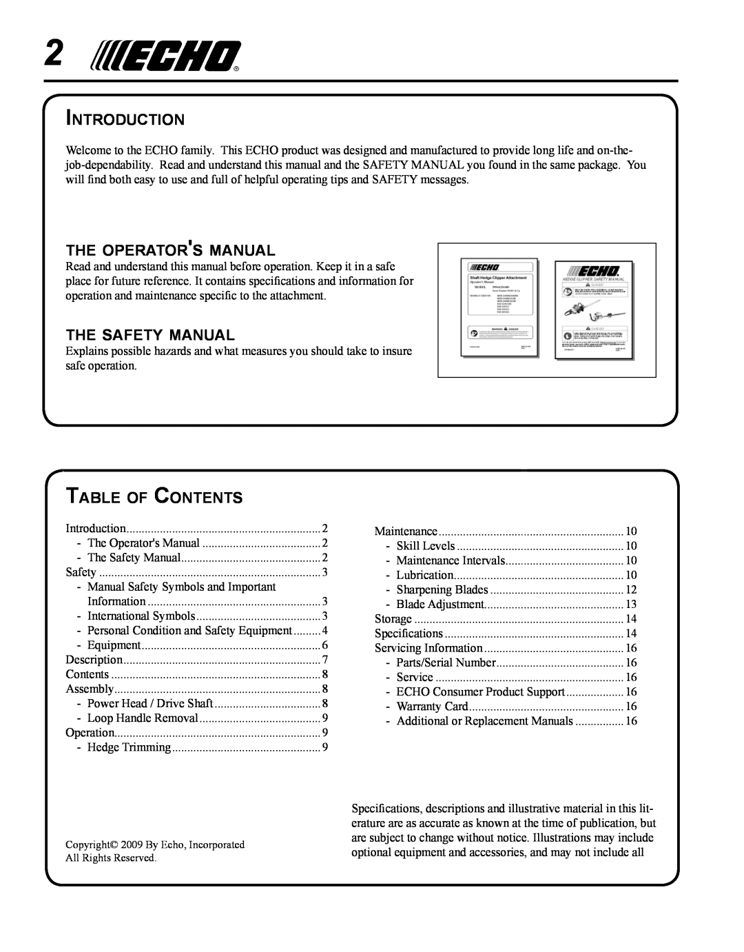 Echo 99944200485 Introduction, the operators manual, the safety manual, Table of Contents 