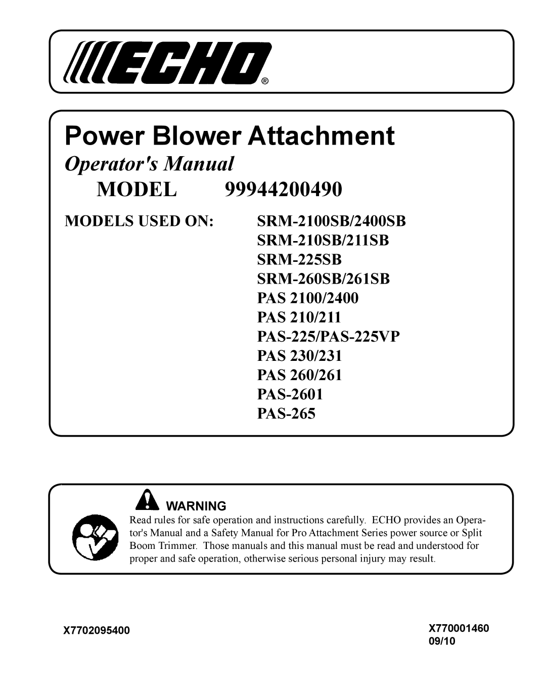 Echo 99944200490 manual Power Blower Attachment 