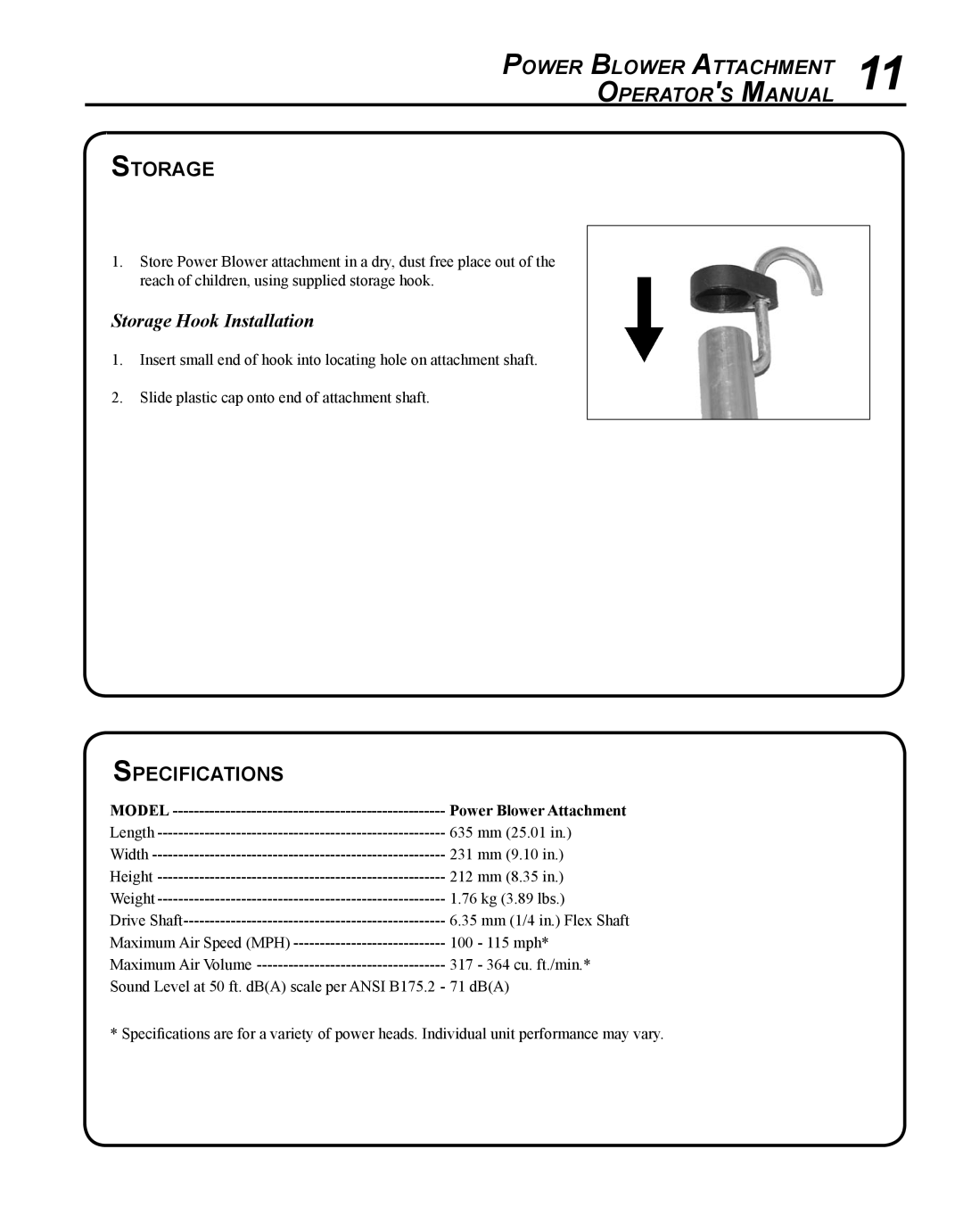 Echo 99944200490 manual Specifications, Storage Hook Installation 