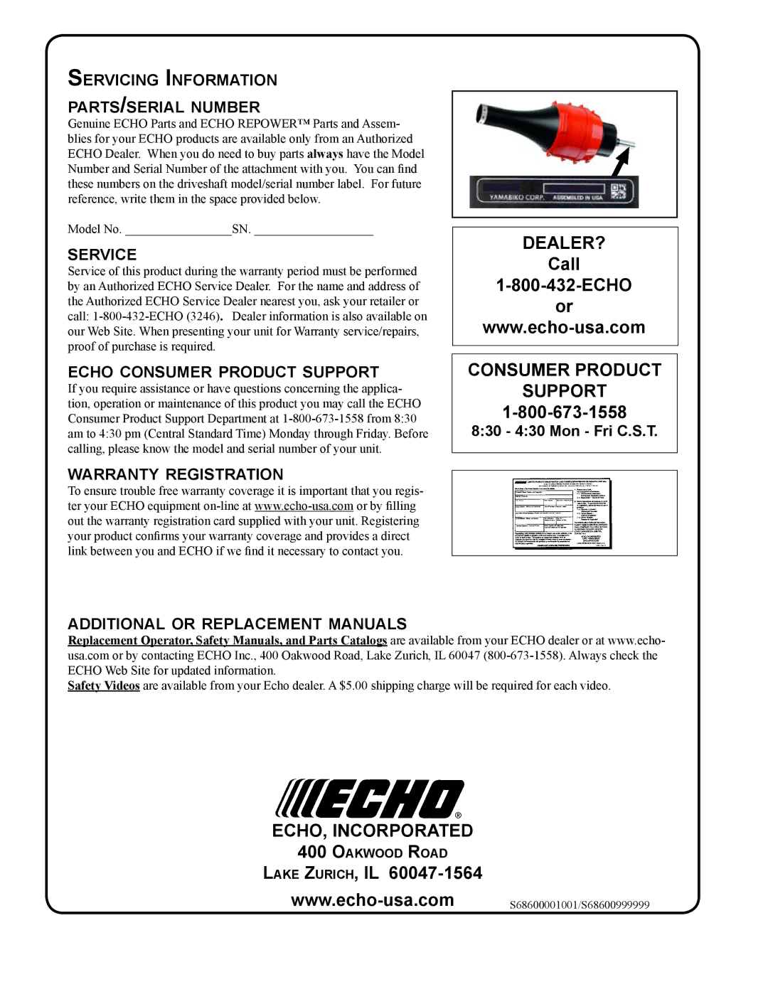 Echo 99944200490 manual Servicing Information parts/serial number, Service, Echo consumer product support 