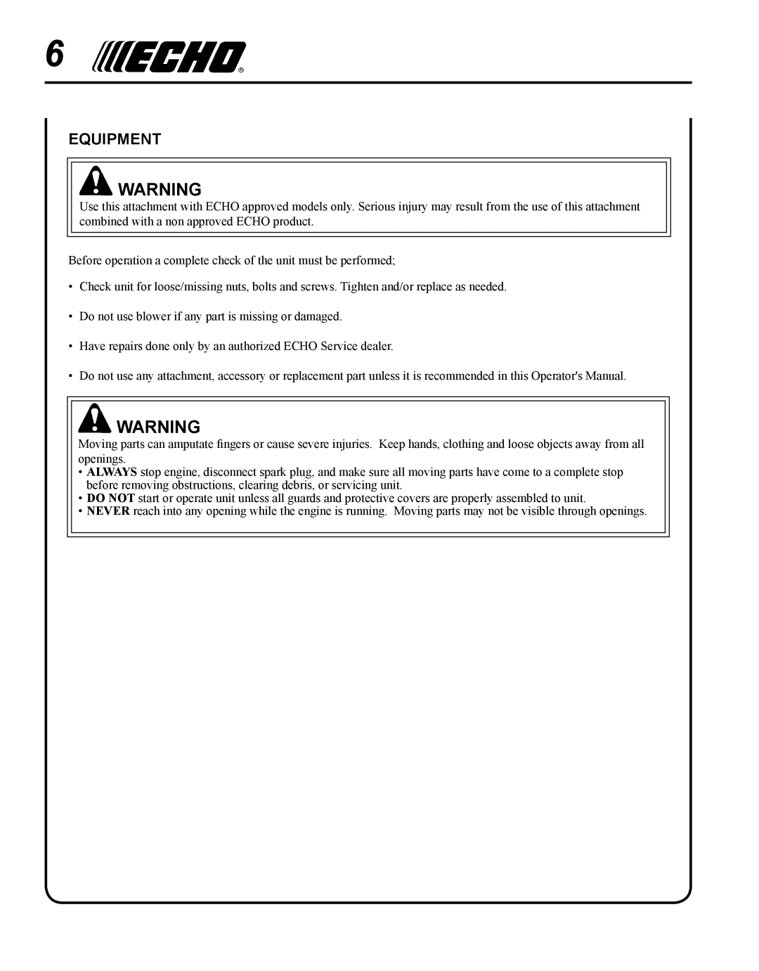 Echo 99944200490 manual Equipment 