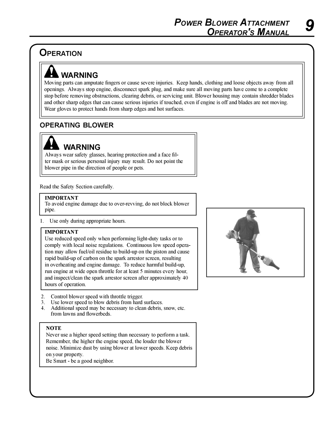 Echo 99944200490 manual Operation, Operating blower 