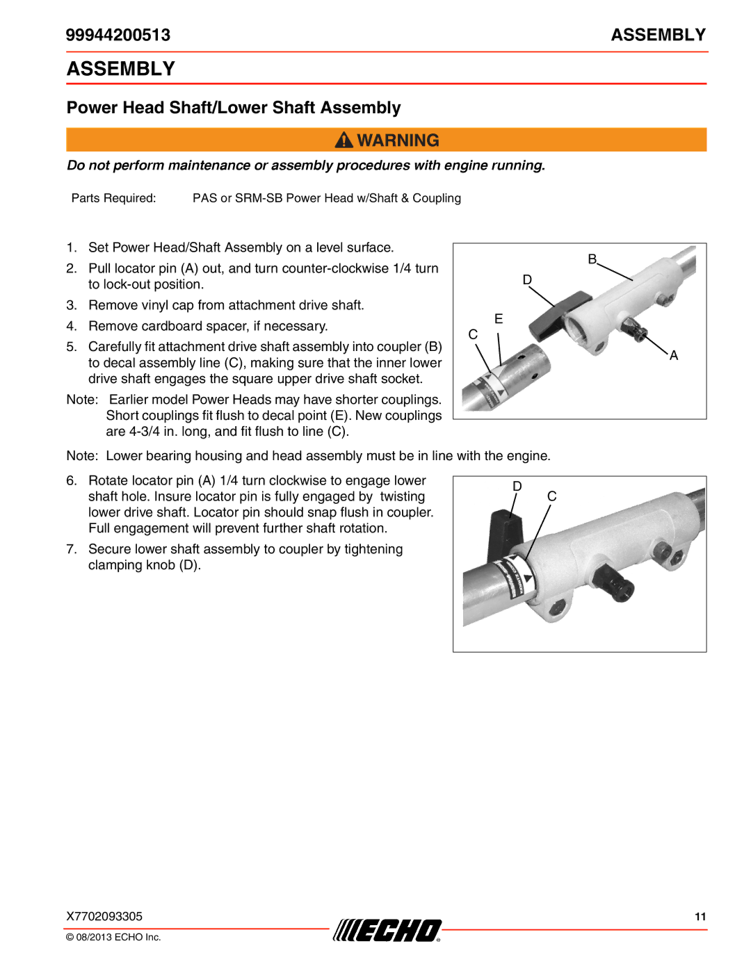 Echo 99944200513 specifications Power Head Shaft/Lower Shaft Assembly 