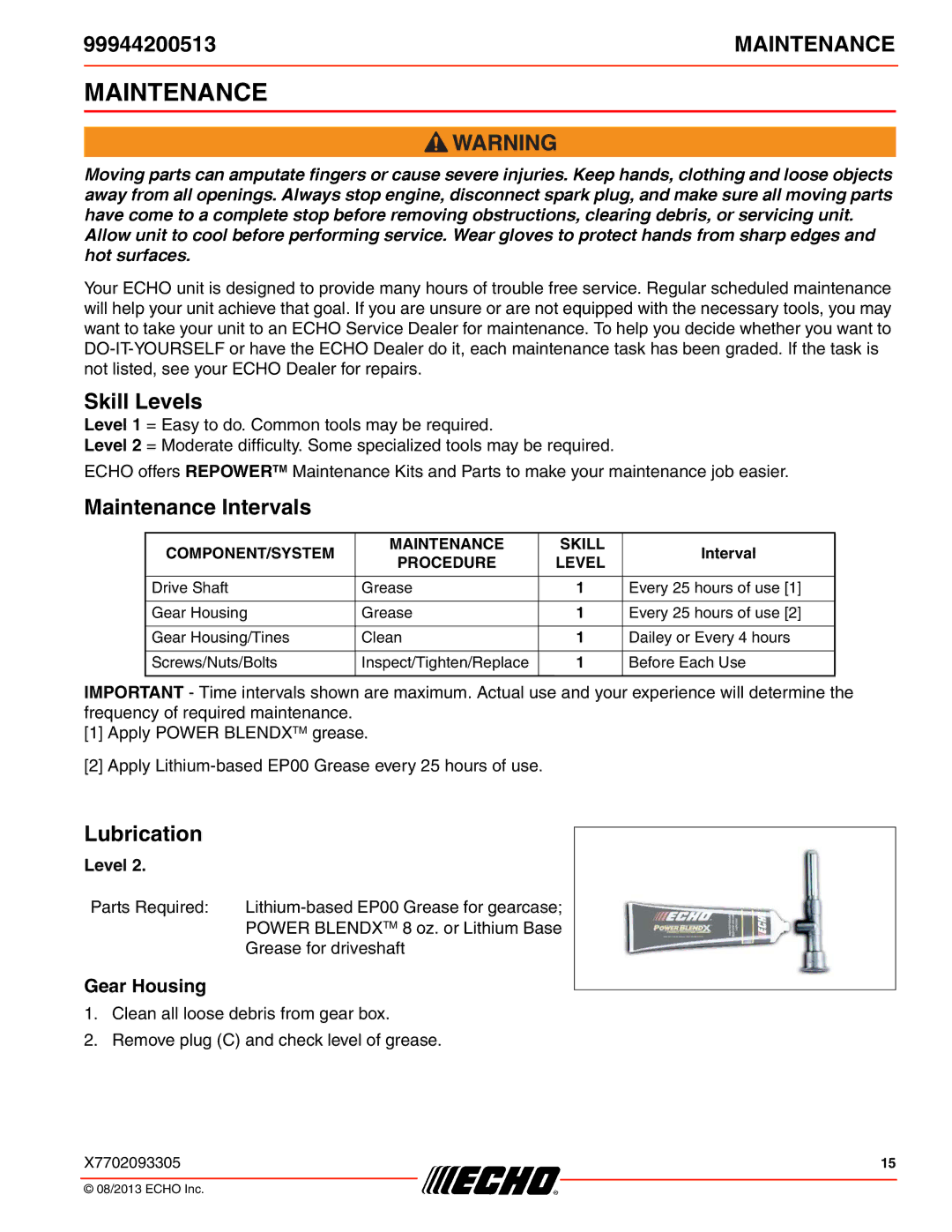 Echo 99944200513 specifications Skill Levels, Maintenance Intervals, Lubrication, Gear Housing 