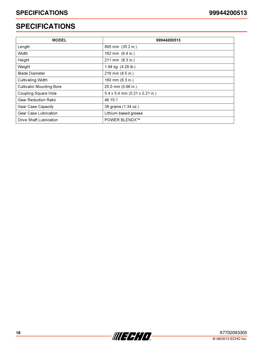 Echo 99944200513 specifications Specifications, Model 