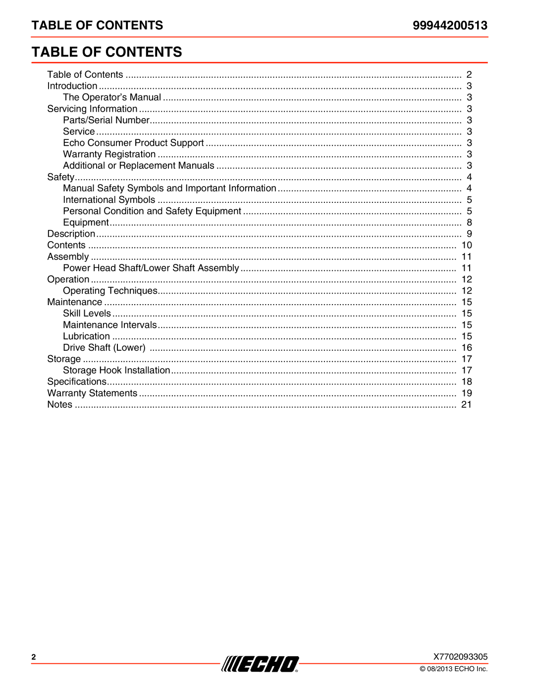 Echo 99944200513 specifications Table of Contents 