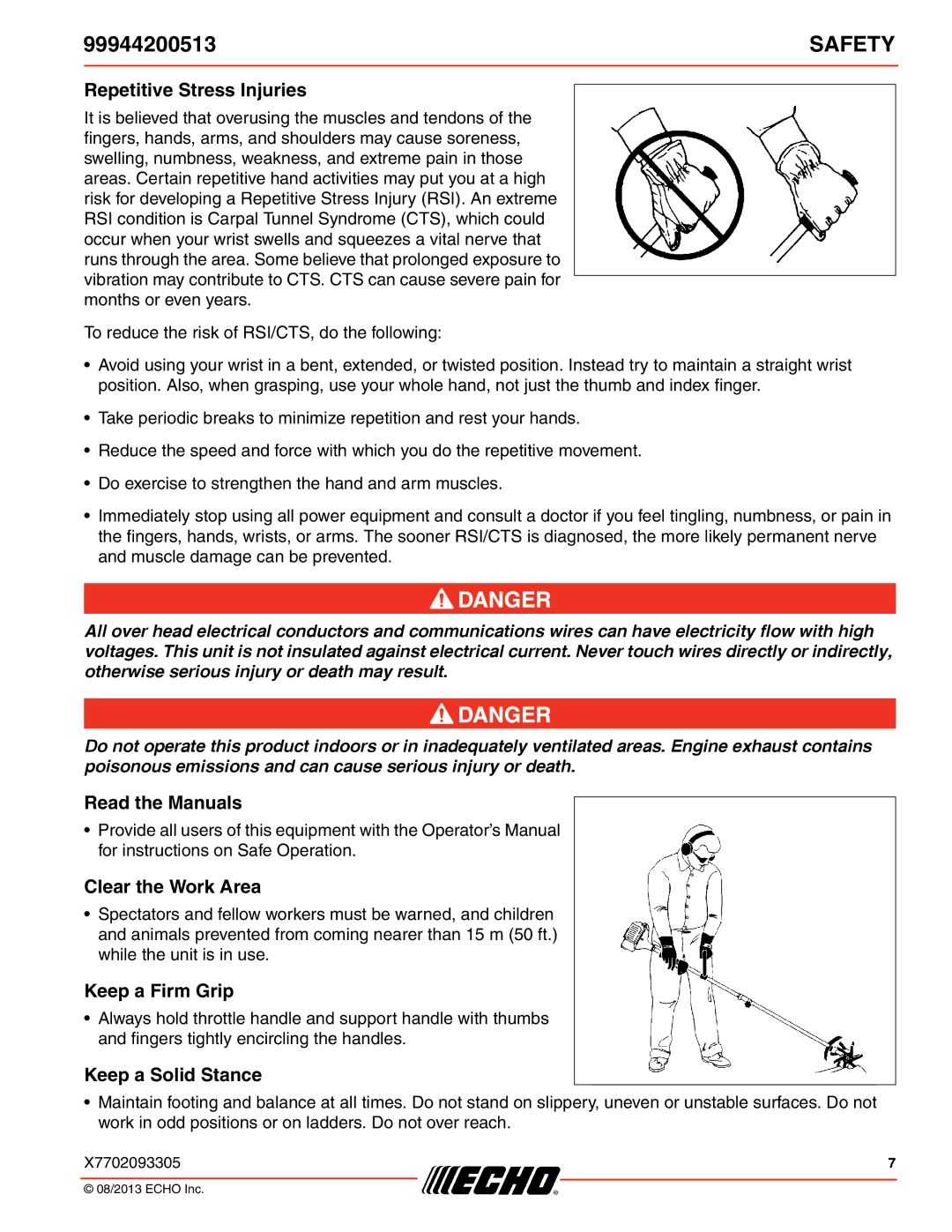 Echo 99944200513 Repetitive Stress Injuries, Read the Manuals, Clear the Work Area, Keep a Firm Grip, Keep a Solid Stance 