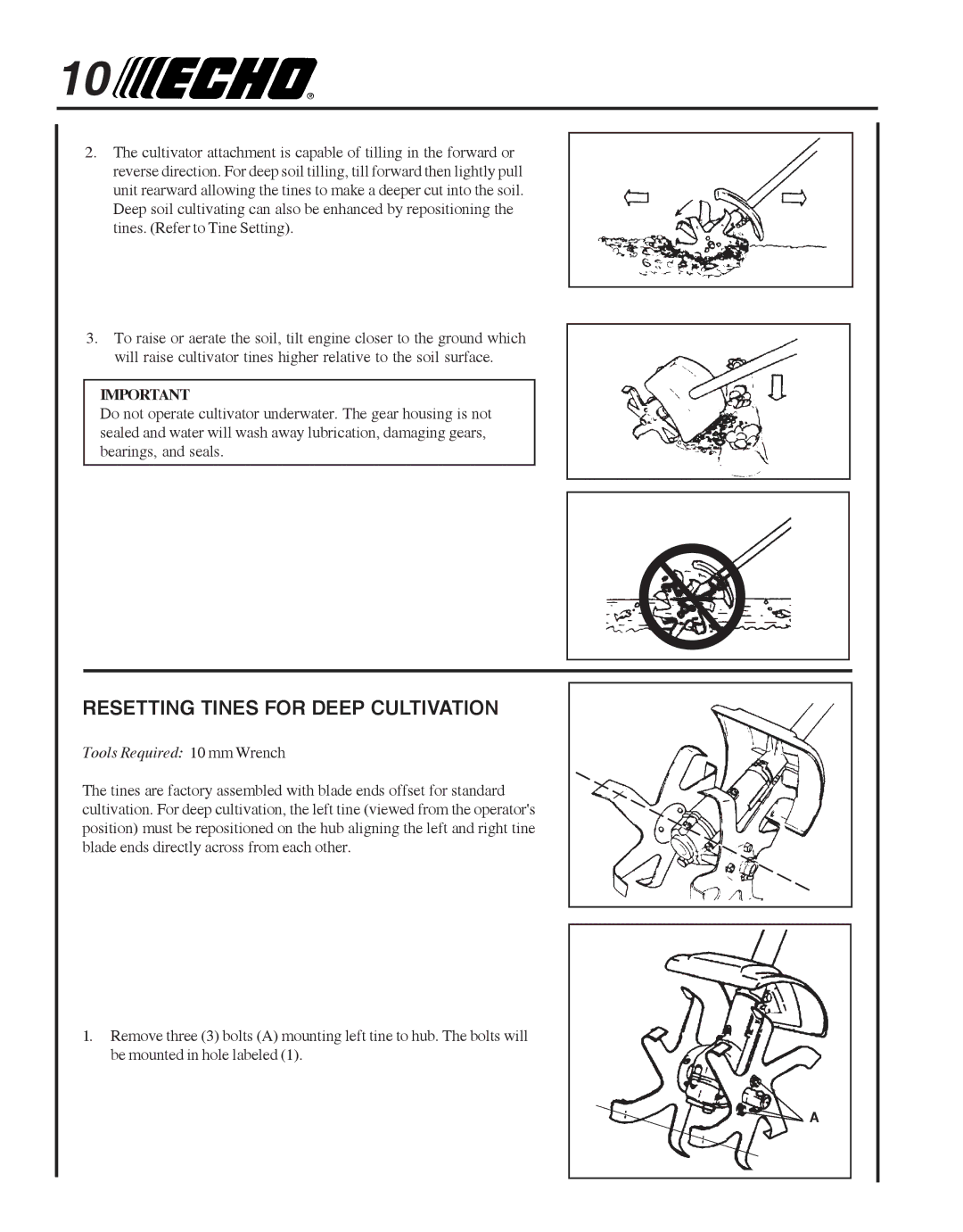 Echo 99944200513 manual Resetting Tines for Deep Cultivation, Tools Required 10 mm Wrench 