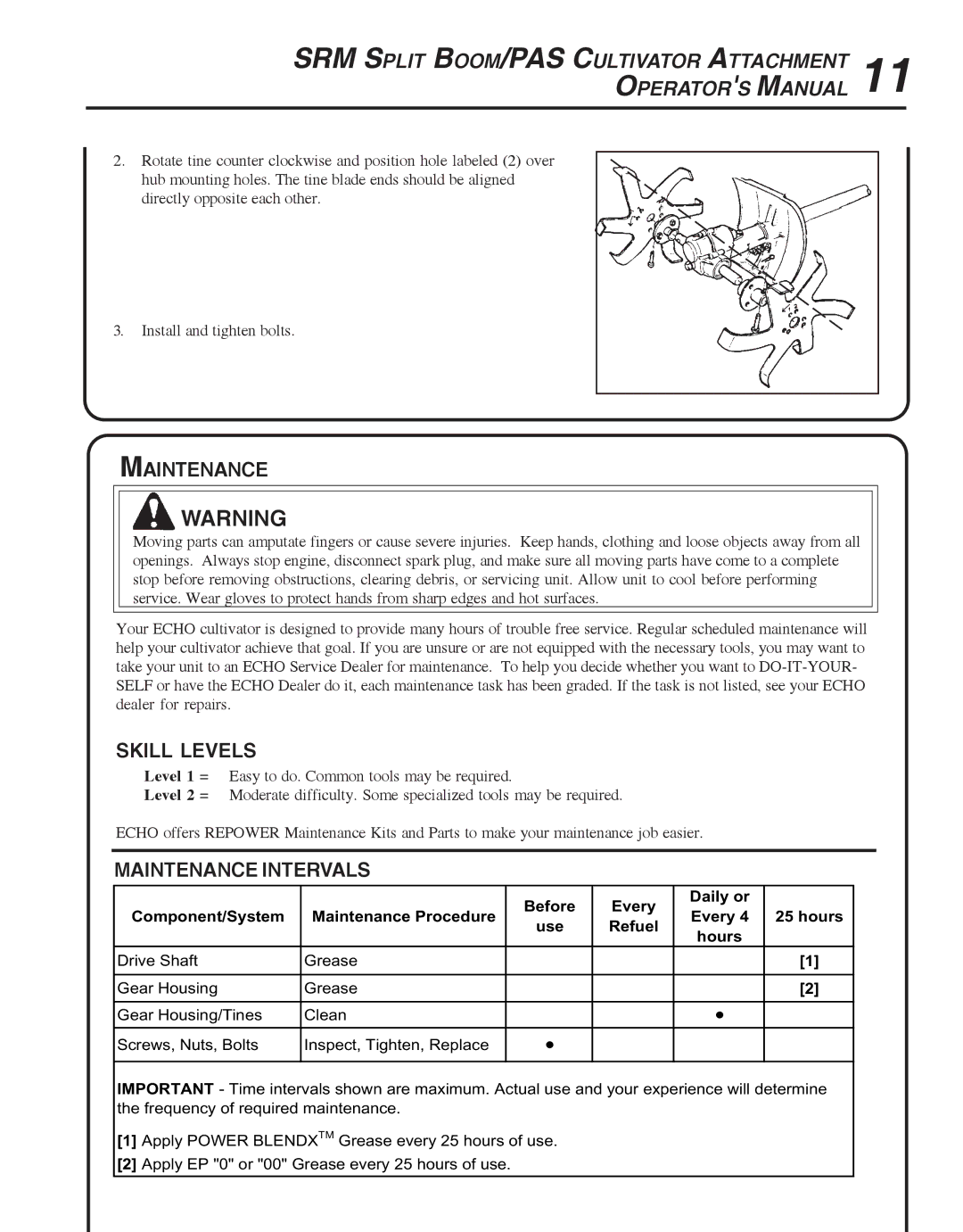 Echo 99944200513 manual Skill Levels, Maintenance Intervals 