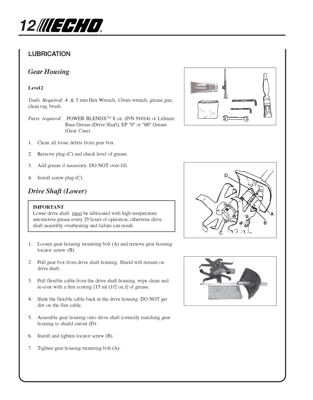 Echo 99944200513 manual Gear Housing, Drive Shaft Lower, Lubrication 
