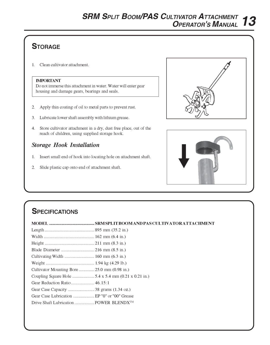 Echo 99944200513 manual Storage Hook Installation, Specifications 